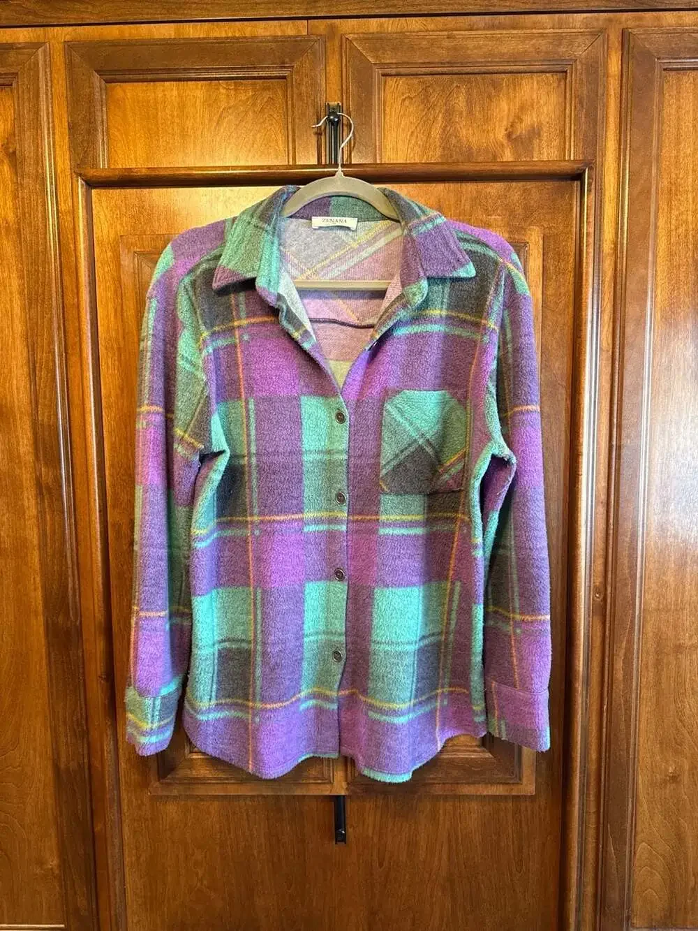 Zenana Purple and Green Plaid Brushed Long Sleeve Flannel Shacket QJL-1368Y